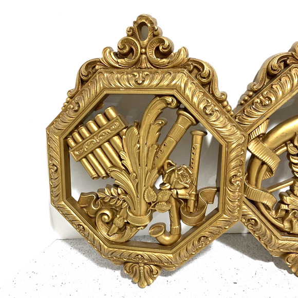 Homeco 1976 golden faux carved wood wall hangings set of 3 plaques music motif - Picture 2 of 12